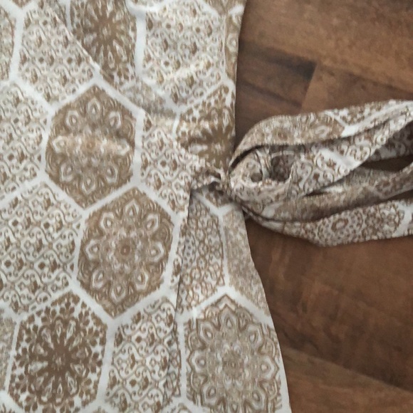 Tan/ Creme pattered, sleeveless, long wrap blouse, Zero, Eur36/US6, - Picture 5 of 10